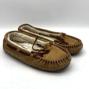 Minnetonka Tan Moccasin Slippers Leather Upper Faux Fur Lining Womens Size 6